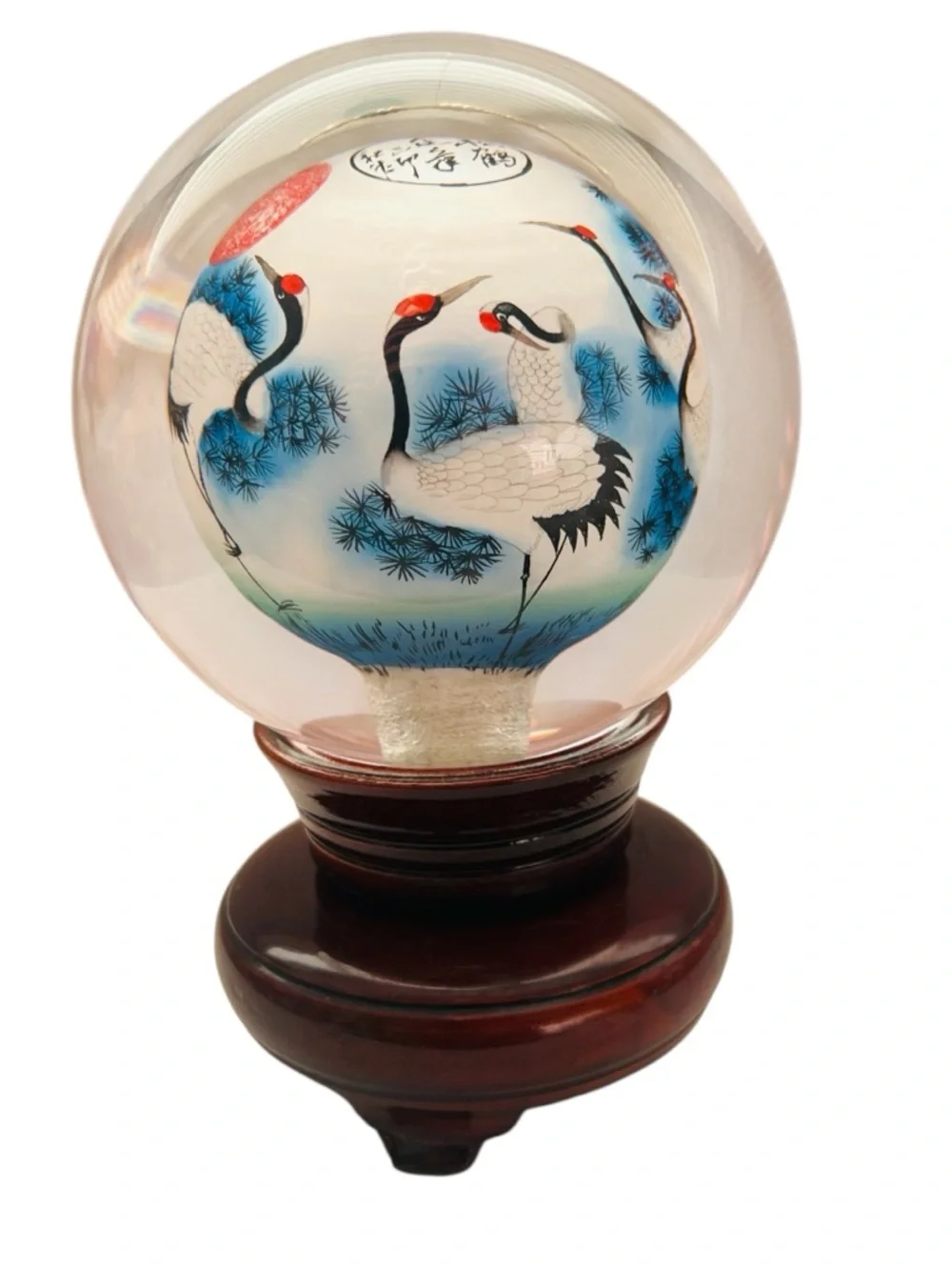 Vintage Chinese Asian Reverse Hand Painted Cranes Glass Orb On Wooden Stand - Picture 2 of 5